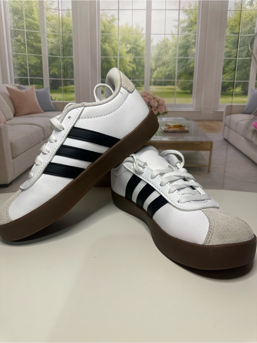 adidas White Sneakers with Black Stripes and Brown Sole